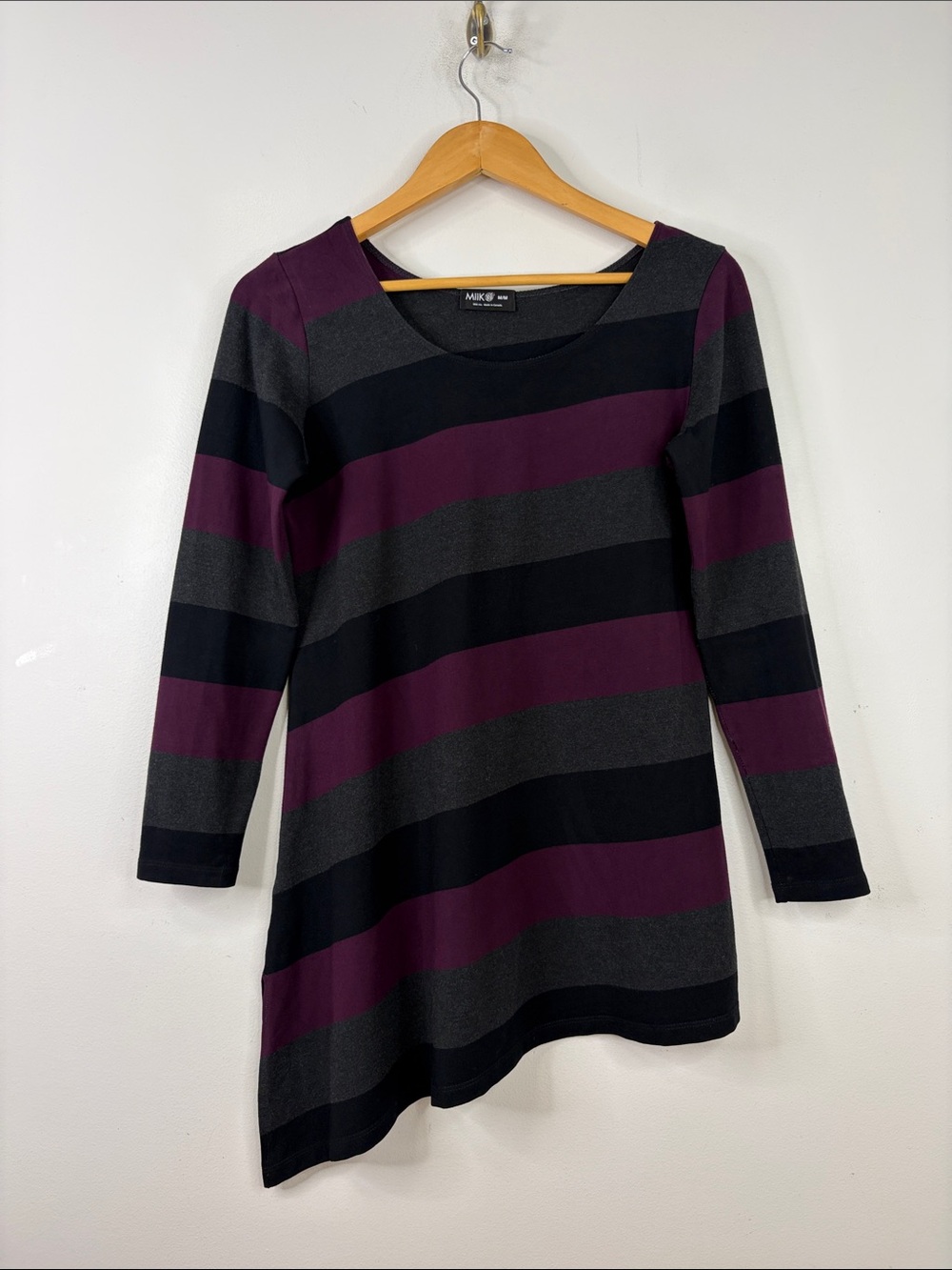 Miik Top Womens Medium Black Gray Purple Stripe Jersey Round Neck Tunic Top